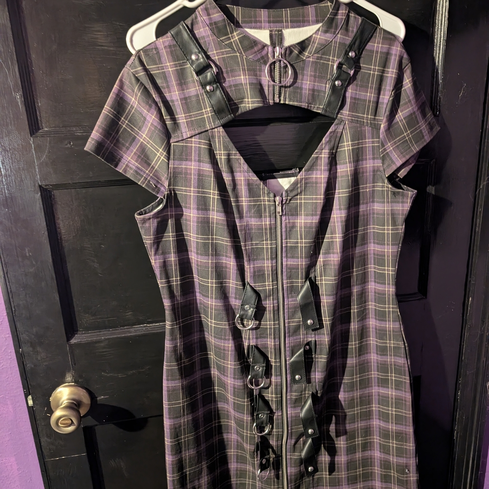 Killstar Casey Bodycon Tartan Dress Gray Purple Plaid Bondage Harness
